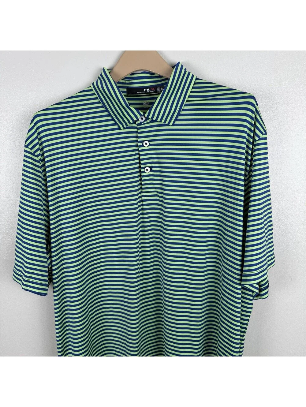 RLX Ralph Lauren Golf Polo Shirt XL Lime Green Blue Striped Wicking AFLG1W